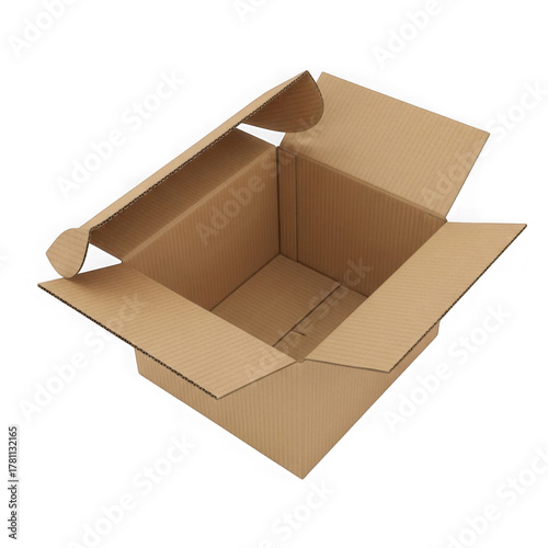 Empty open corrugated box isolated, ready for packaging goods