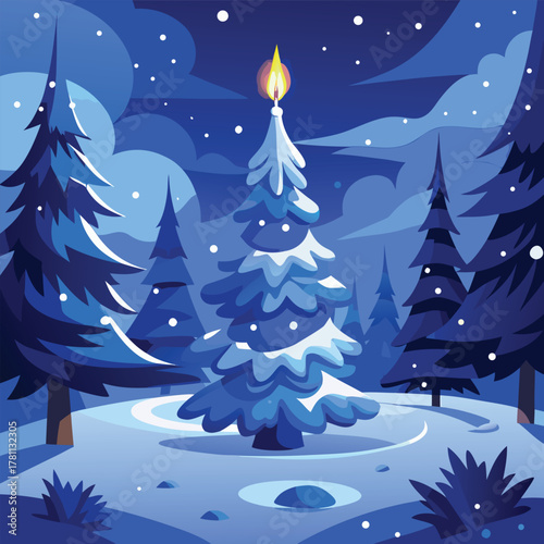 Winter night scene with snow and Christmas tree candle light