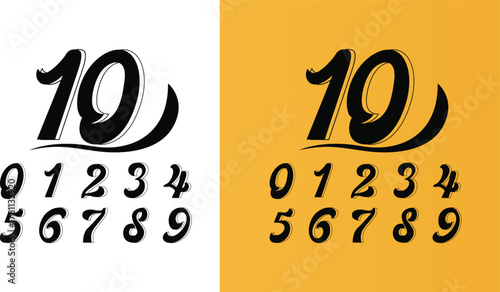 Custom Script Numbers Set 0-9 Vector Typography with Stylized Number 1 