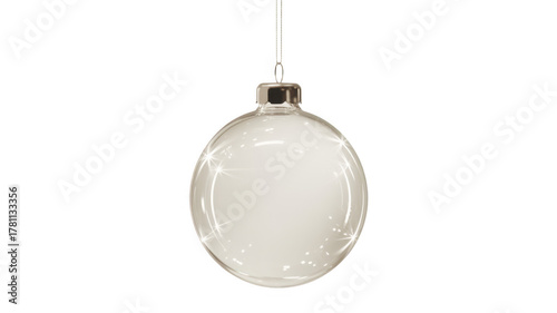 christmas ball bauble glossy transparent glass blank christmas silver hanging from top upright 3D rendering isolated

