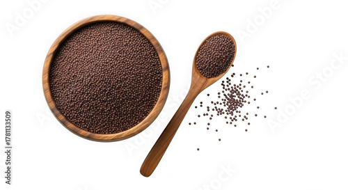 Fototapeta Naklejka Na Ścianę i Meble -  Black mustard seeds in bowl isolated on transparent background, top view