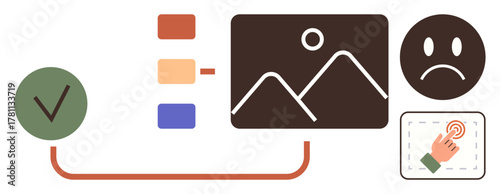Ranked list, image selection, and feedback icons connected in a flowchart. Ideal for decision-making, ranking, feedback, evaluation, prioritization survey workflow. Simplistic flat-style metaphor