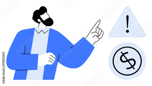 Man pointing at an exclamation mark inside a triangle and a dollar sign circle. Ideal for finance caution, risk management, economic analysis, budgeting, mistake prevention, alertness, simple flat