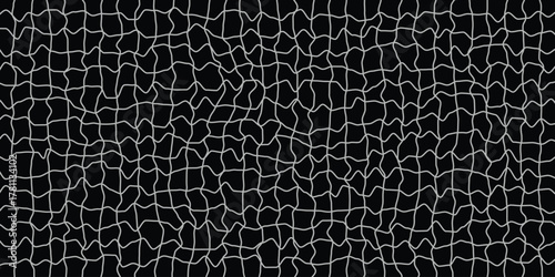Abstract monochrome background with a distorted, irregular grid pattern of thin white lines on a black canvas, suggesting a broken network or fractured reality