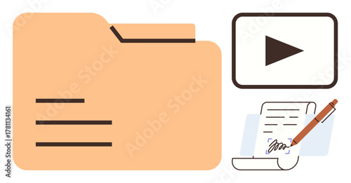 Folder with file lines next to video play screen, signed document, and pen. Ideal for organization, workflow, digital signature, multimedia, online learning, records simple flat metaphor