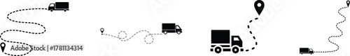 Delivery Truck Route Multiple truck trakes with dotted lines. Pin map location of truck delivery on route icon design element on white background Cargo transport icons
