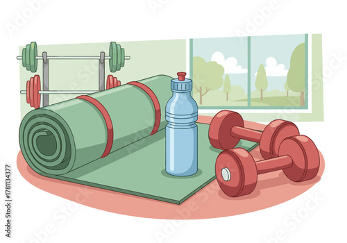 Yoga mat and water bottle with dumbbells and weights in a fitness setting