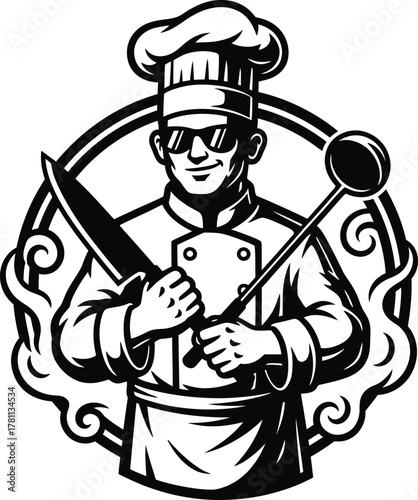 Silhouette Chef with knife and ladle vector illustration