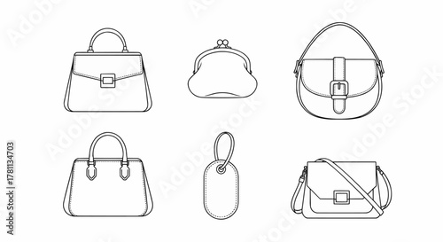 Set of women's fashion handbag icons. Outline collection of purse, clutch, and tote bag vector illustration