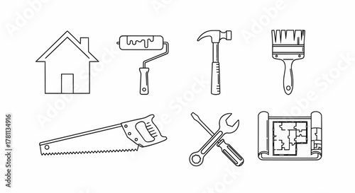 Set of black and white line icons for home improvement and construction tools vector illustration