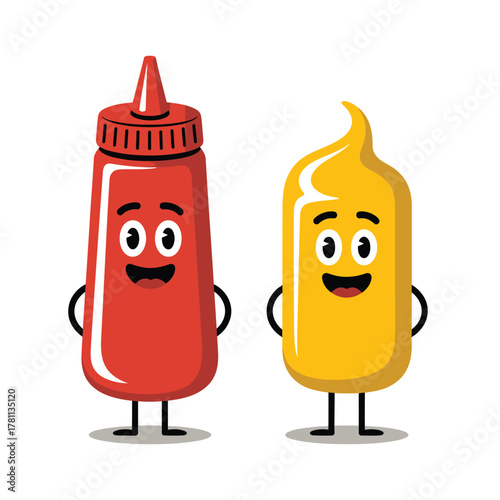 Cute cartoon ketchup and mustard bottles with faces and arms