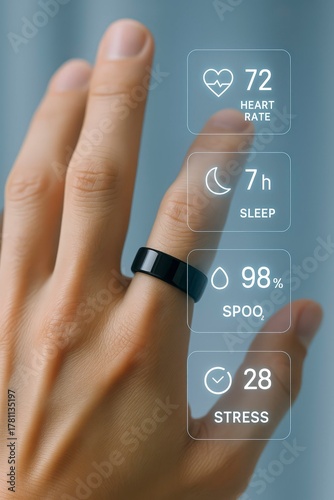 Biohacking. Close-up of a hand wearing a sleek black smart ring displaying health metrics like heart rate, sleep, and stress levels, showcasing modern wearable technology
