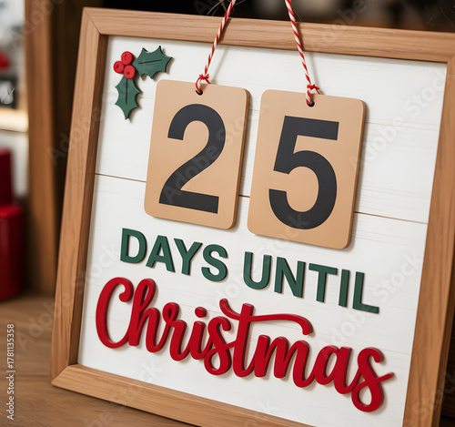 Wooden christmas countdown sign showing twenty five days until the holiday season begins