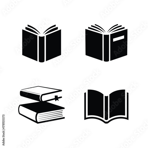 Collection of four black and white book icons representing different book states