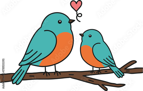 Cute cartoon birds on branch illustration, adorable lovebirds with heart symbol, romantic nature drawing, colorful wildlife vector art design