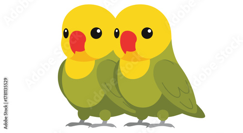 Two cute cartoon lovebirds standing together with yellow heads and green bodies, adorable parrot couple vector illustration design