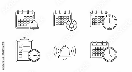 Set of time management icons including calendar, clock, and reminder bell, line art vector illustration