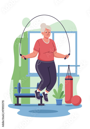 Old woman jumping rope in gym with equipment and vibrant environment