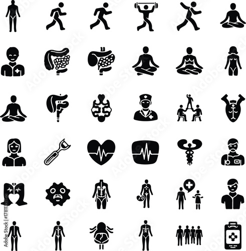 Comprehensive collection of health, medical, fitness, and human body solid glyph icons for healthcare