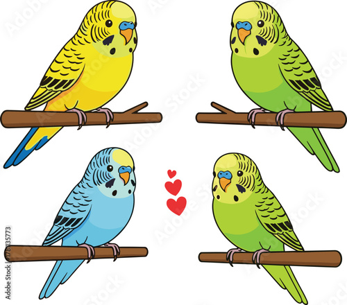 Four colorful budgerigars sitting on wooden branches, cute parakeet birds illustration, tropical pet parrots vector art design