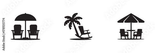 Beach umbrella and chair icon set,  summer vacation relax holiday design element, vector illustration EPS 10.