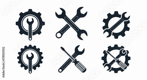Set of six repair tool icons with wrench, screwdriver, and gear symbols for service. Vector illustration
