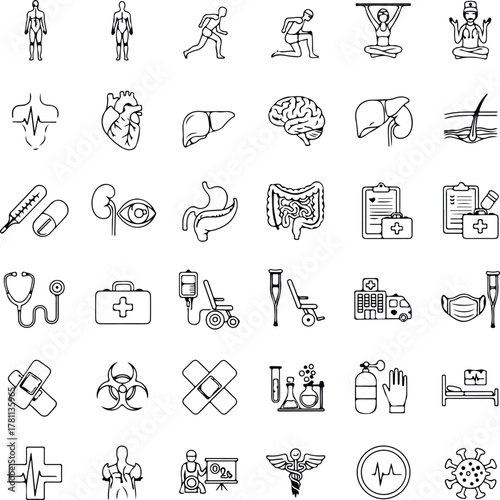 Outline icons set representing health, medical care, human anatomy, fitness, and healthcare concepts for web and print