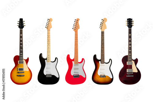 set of different colored electric guitars isolated on white background