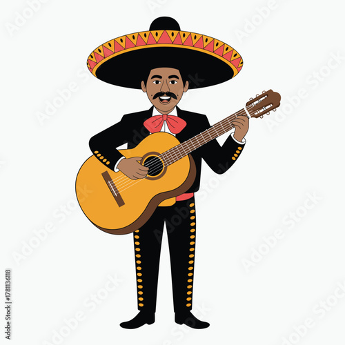 Cartoon mariachi musician playing guitar with sombrero
