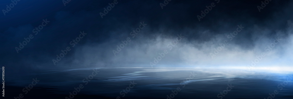 Fototapeta premium Dark night scene over water, fog over dark ocean water, dark surface, neon light, reflections on the water. Fantasy night water scene.
