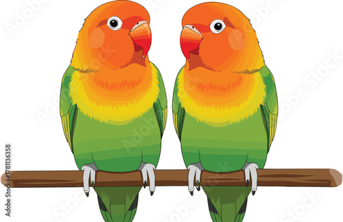 Colorful lovebirds sitting together on branch, tropical parrot couple illustration, exotic wildlife vector art, green orange birds design