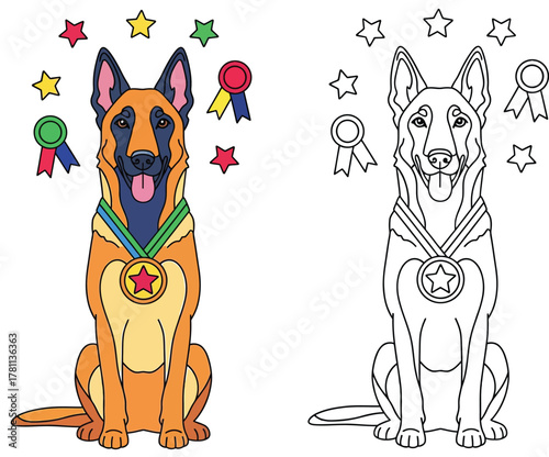 Award-Winning German Shepherd Dog with Medals and Ribbons - Coloring Page Illustration