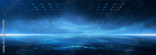 Dark night scene over water, fog over dark ocean water, dark surface, neon light, reflections on the water. Fantasy night water scene. © MiaStendal