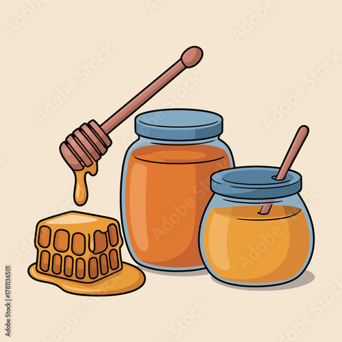 Sweet honey jars and honeycomb with wooden dipper illustration