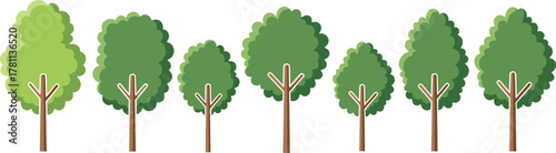Cartoon green trees collection, flat vector forest illustration, eco friendly landscape design, natural foliage background, summer environment nature concept art