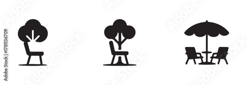 Beach chair and umbrella vector silhouette logo, tropical beach sunset scene palm trees , vector illumination EPS 10.