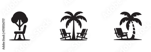 Beach umbrella and chair icon set,  summer vacation relax holiday design element, vector illustration EPS 10.