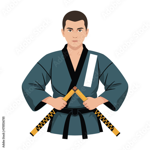 Martial artist in uniform holding nunchucks ready for combat