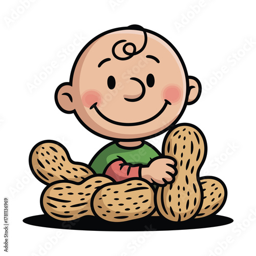 Cute cartoon baby with a happy smile holding peanuts