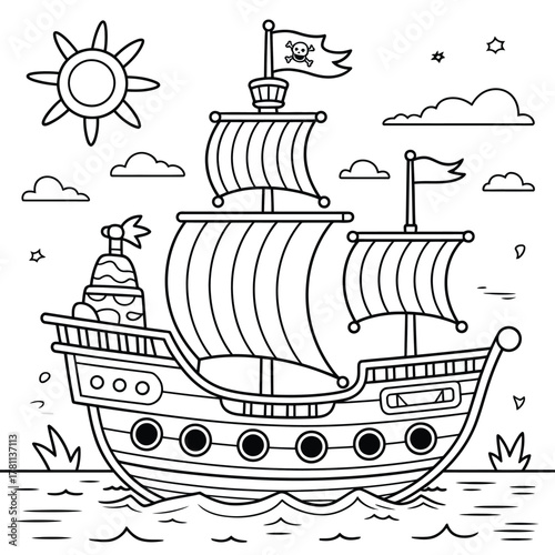 Black and white illustration of a pirate ship sailing on the ocean under a sunny sky
