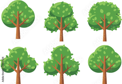 Cartoon green tree collection, flat vector forest illustration, natural landscape design elements, eco friendly foliage plants, summer environment concept art