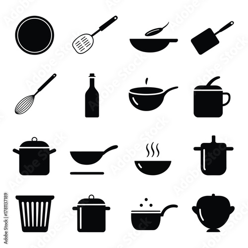 Collection of black kitchen utensils and cookware icons