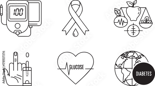 Diabetes Awareness Line Art Icon Set