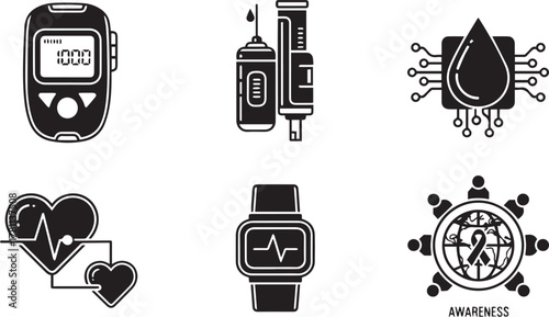 Set of Vector Icons related to Diabetes
