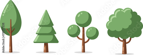 Cartoon green trees illustration set, flat vector forest design, eco friendly nature background, simple summer foliage art landscape collection