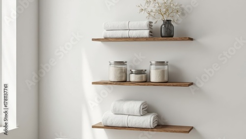 Neutral Bathroom Shelf with Towels and Glass Jars