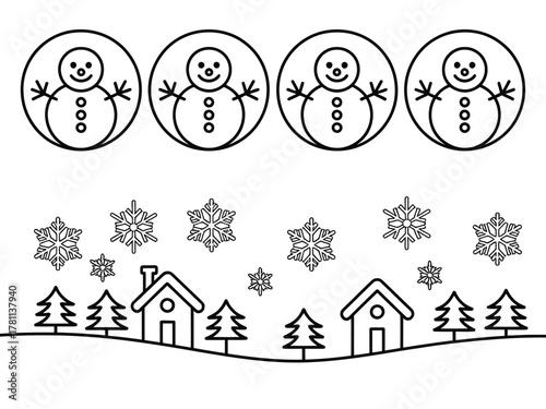 Four simple outline snowmen are pictured above a winter scene with houses, trees, and snowflakes.