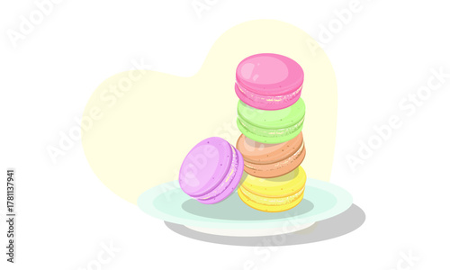 MACARONS ADORABLE,TASTY,FLUFFY,VIOLET,PINK,PISTACHIO,YELLOW,GREEN,CHOCOLATE BROWN,PLATE,APPETIZING