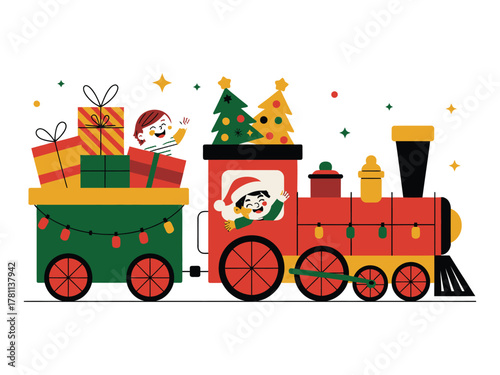 A festive Christmas train carries gifts and decorated trees with happy children aboard.