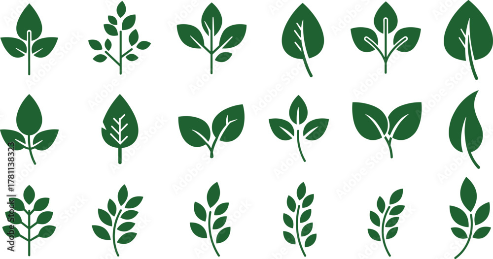 Naklejka premium Collection of green leaf vector icons, eco nature symbols, organic plant illustrations for sustainable design, environment, and botanical graphics